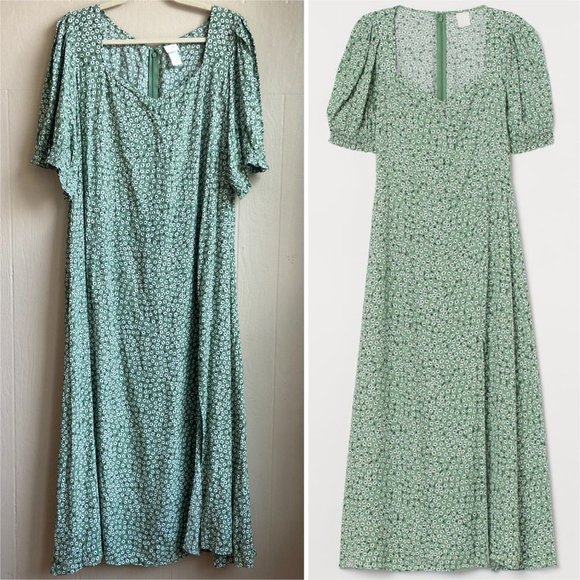 H&M Dresses Hm Xxl Boho Floral Sweetheart Neckline Puff Sleeve Slit